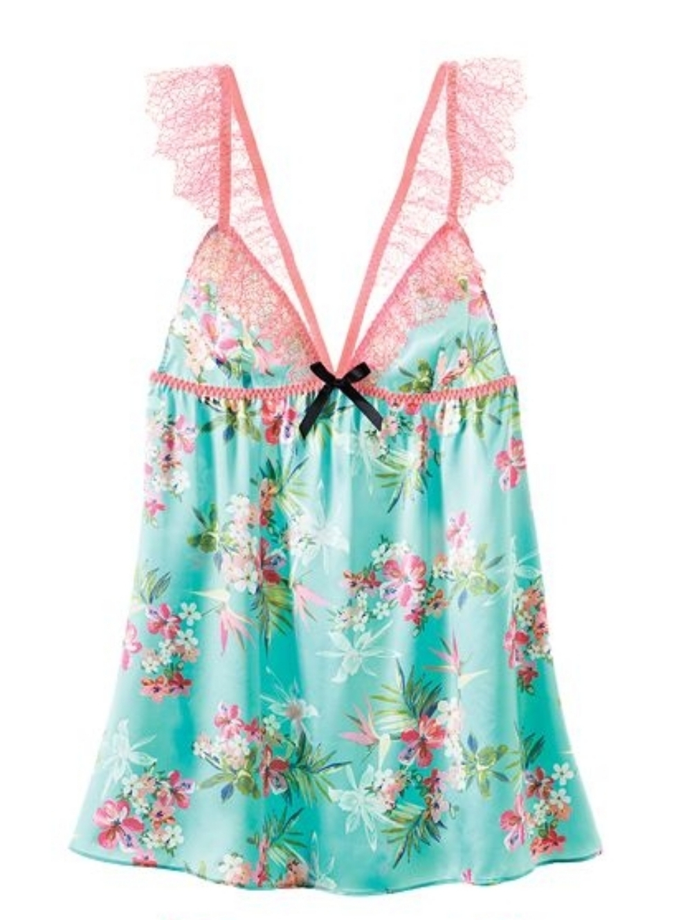 Victorias Secret Aqua Floral Satin Print & Pink Eyelash Lace Babydoll ** Size M